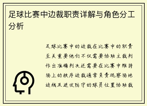 足球比赛中边裁职责详解与角色分工分析