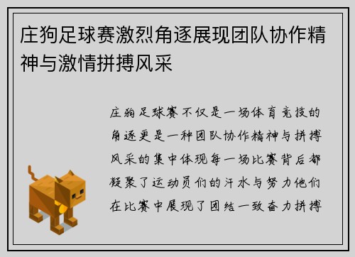 庄狗足球赛激烈角逐展现团队协作精神与激情拼搏风采