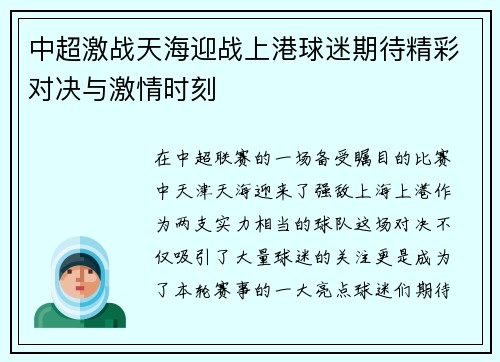 中超激战天海迎战上港球迷期待精彩对决与激情时刻