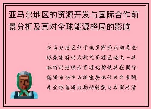 亚马尔地区的资源开发与国际合作前景分析及其对全球能源格局的影响