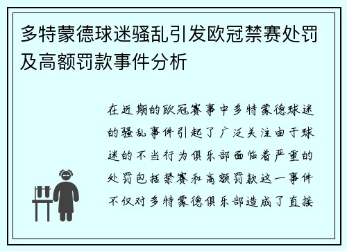 多特蒙德球迷骚乱引发欧冠禁赛处罚及高额罚款事件分析