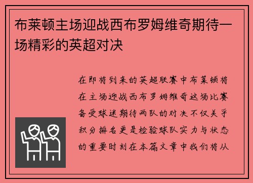 布莱顿主场迎战西布罗姆维奇期待一场精彩的英超对决