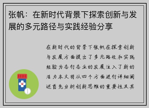 张帆：在新时代背景下探索创新与发展的多元路径与实践经验分享