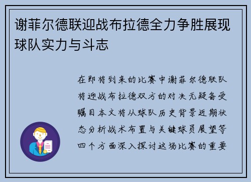 谢菲尔德联迎战布拉德全力争胜展现球队实力与斗志