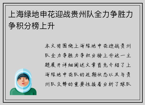 上海绿地申花迎战贵州队全力争胜力争积分榜上升