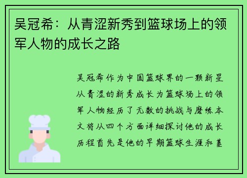 吴冠希：从青涩新秀到篮球场上的领军人物的成长之路