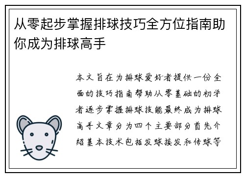 从零起步掌握排球技巧全方位指南助你成为排球高手