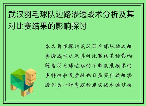 武汉羽毛球队边路渗透战术分析及其对比赛结果的影响探讨