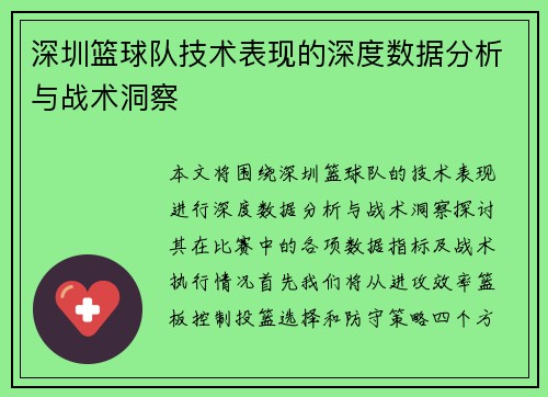 深圳篮球队技术表现的深度数据分析与战术洞察